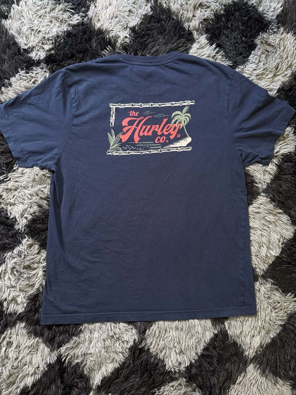 Hurley ‘The Hurley Co’ T-Shirt Size L Navy Blue Cotton Graphic Palm Tree
